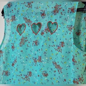 Floral Turquoise Sheer Sleeveless Tie Top Triple Heart Cutouts on Back Sz Large